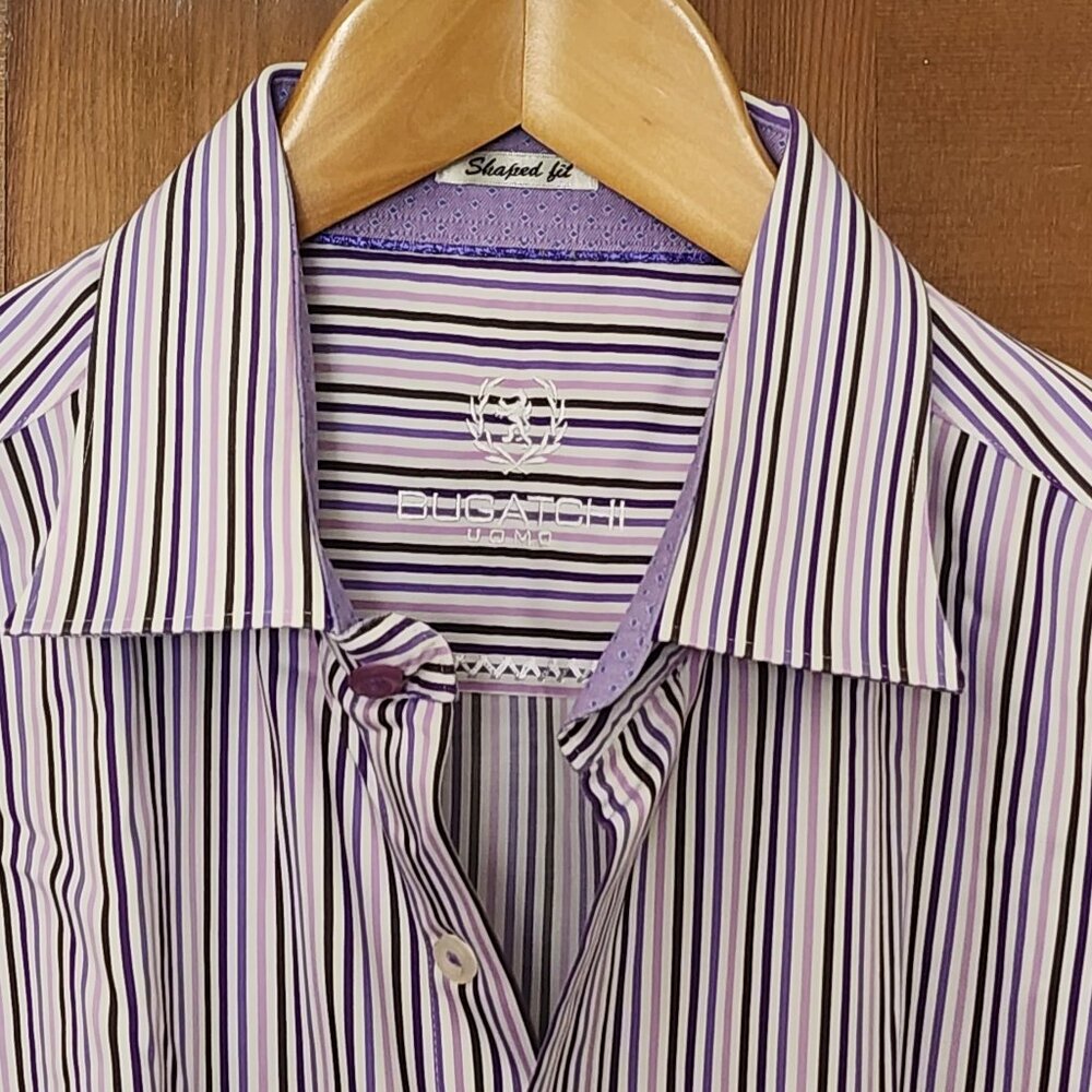 BUGATCHI UOMO Shaped Fit Purple Cotton Stripe L/S sz XL